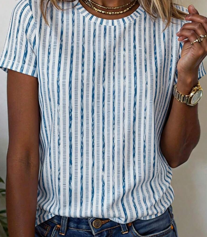 Women's Round Neck Striped Casual Versatile Daily Wear Short Sleeve T-Shirt